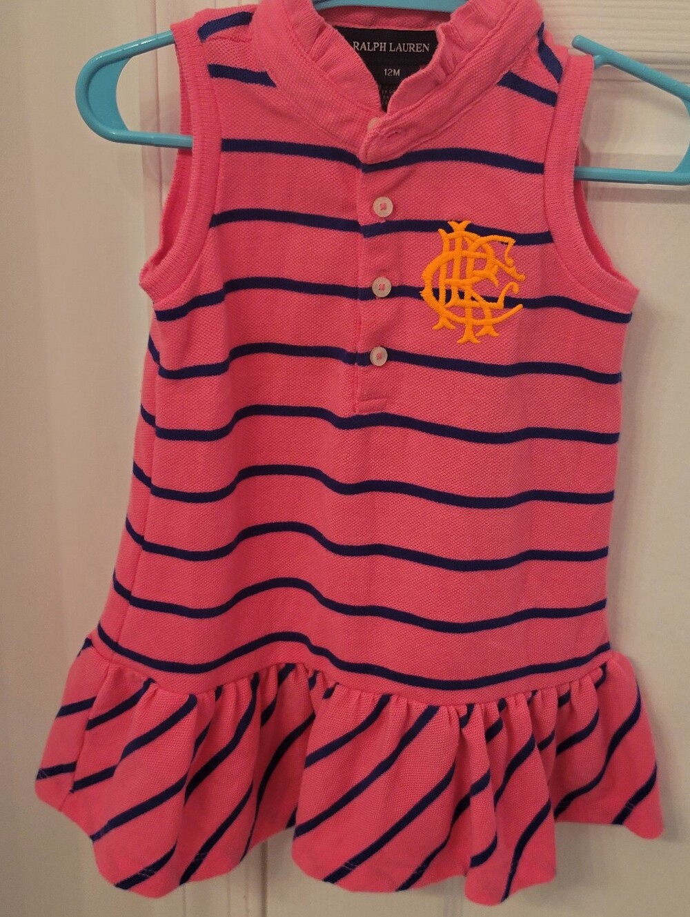 Ralph Lauren Pink and Navy Striped Sleeveless Polo Dress with Orange Crest